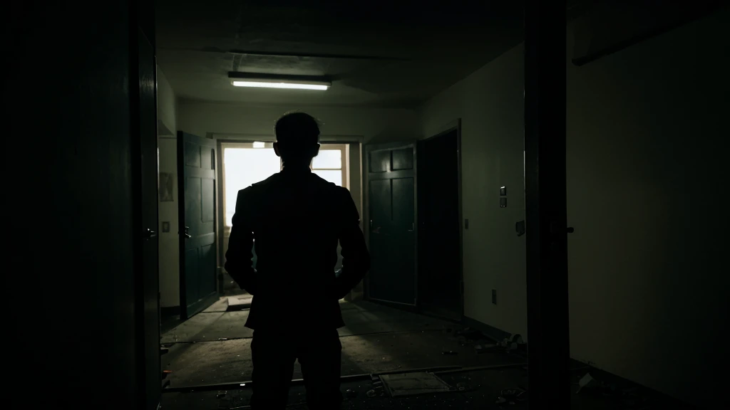 a skeleton standing standing directly in a scary man back in darkness abandon room.