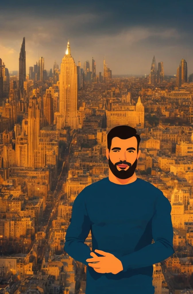 Make a man portaretrato who looks at the camera, with well-cut brown hair, almond-shaped eyes and his shoulders facing forward. Let the background be animated, a super technological city at night