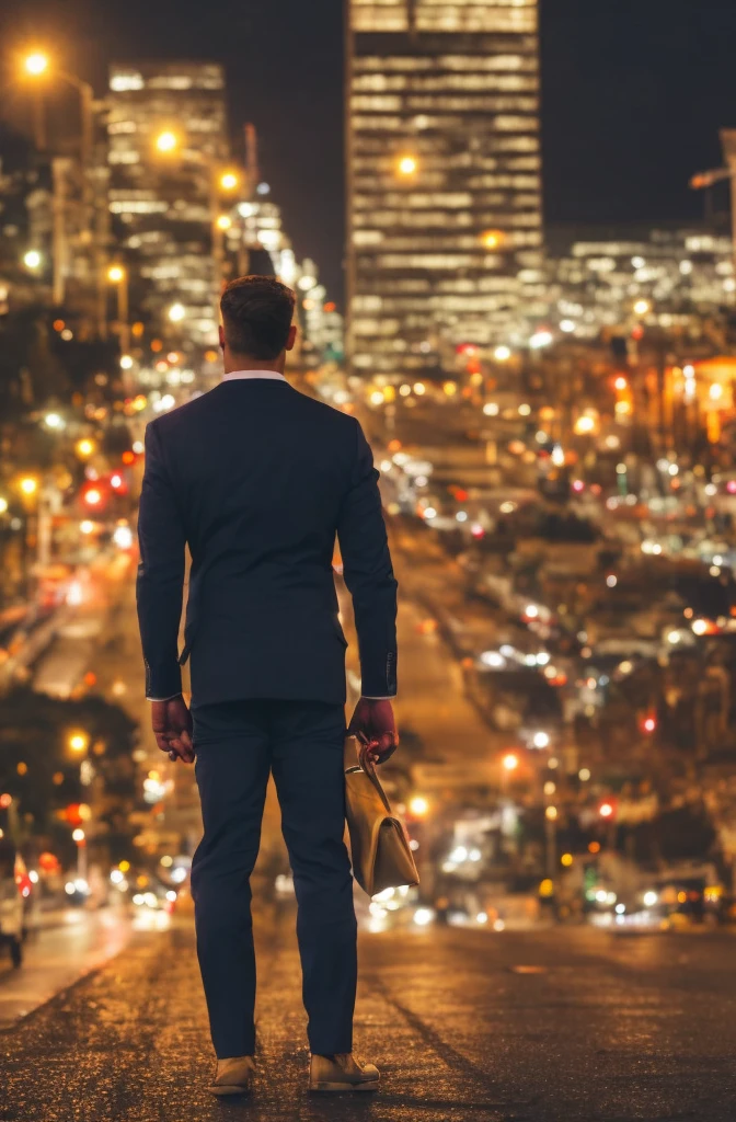 Make a man portaretrato who looks at the camera, with well-cut brown hair, almond-shaped eyes and his shoulders facing forward. Let the background be animated, a super technological city at night