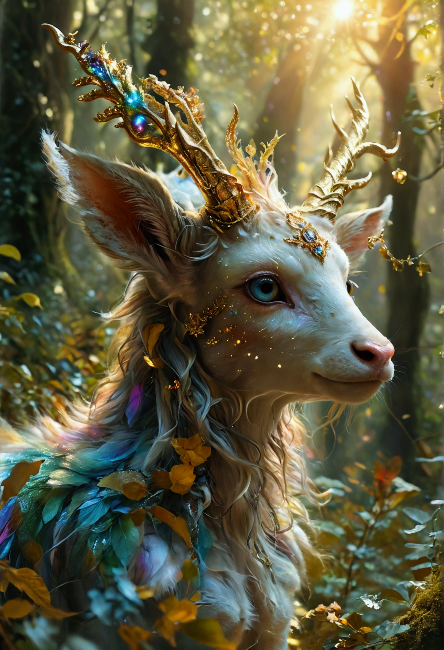 A beautiful, enchantingly elusive humanoid faun, every aspect exudes magic in the midst of danger: shimmering rainbow fur, ethereal golden horn, and eyes that seem to hold the secrets of the universe. The mystical creature is surrounded by a lush, enchanted forest, bathed in the soft light of the setting sun, creating a dreamlike atmosphere that transports viewers to a realm of fantasy and wonder. This breathtaking image is a digital painting that captures the essence of the mythical creature with stunning detail and masterful technique, making it a truly mesmerizing work of art.