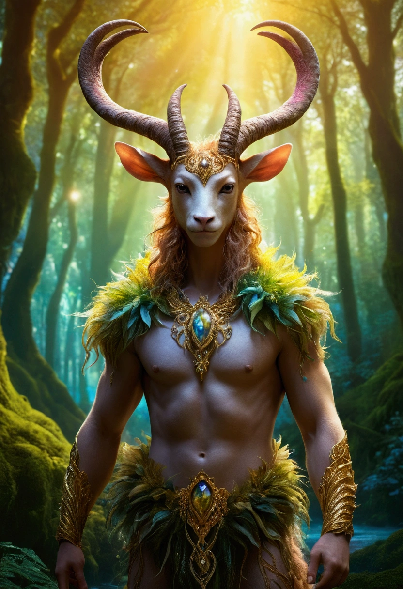 A beautiful, enchantingly elusive humanoid faun, every aspect exudes magic in the midst of danger: shimmering rainbow fur, ethereal golden horn, and eyes that seem to hold the secrets of the universe. The mystical creature is surrounded by a lush, enchanted forest, bathed in the soft light of the setting sun, creating a dreamlike atmosphere that transports viewers to a realm of fantasy and wonder. This breathtaking image is a digital painting that captures the essence of the mythical creature with stunning detail and masterful technique, making it a truly mesmerizing work of art.