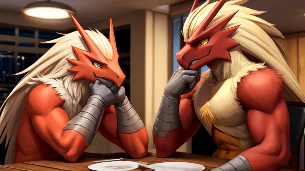 Blaziken, view from front. Hands on chin, sitting at a table 