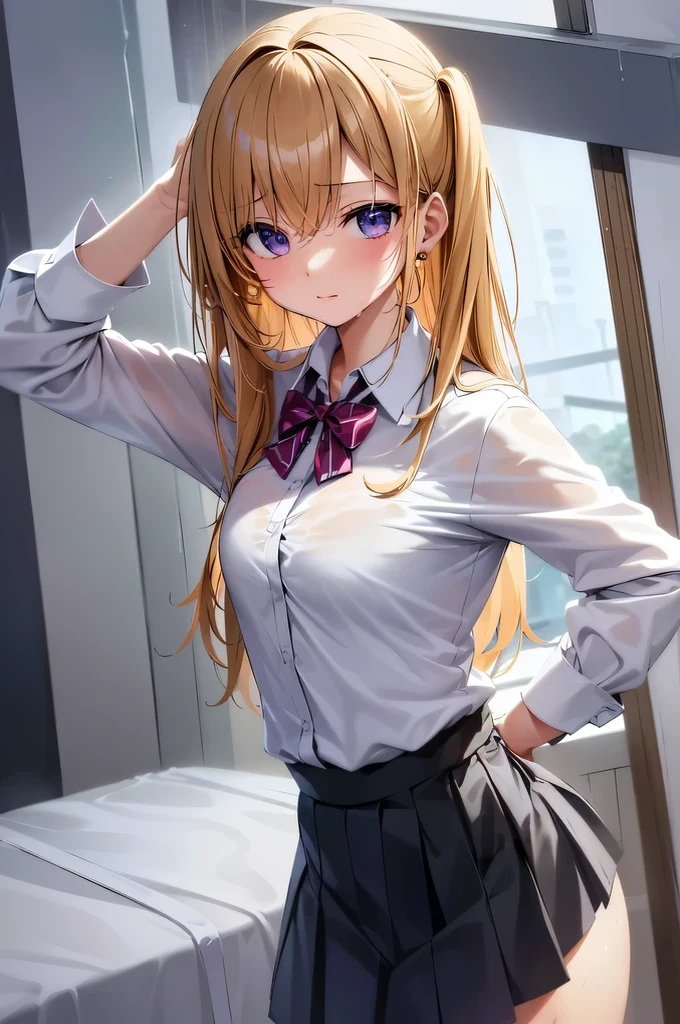 Best quality, A high resolution, absurdity, ultra detailed, 1 girl, hair_square, skirt, one, shirt, rain, wet_cloth, hair_square, wet, small_breast, underwear, wet_skirt, look through, blonde, amber_eyes, white_brassiere.