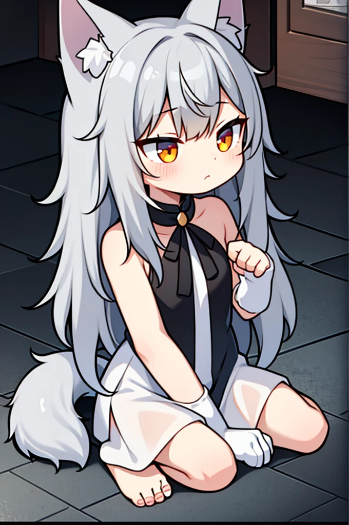 furry, anthro, giant werewolf, fluffy pointed wolf ears, fluffy wolf tail, dark grey and white fur, messy fur, neck floof, cute black dot-like eyes, muscular body, handsome, cute, bara, tall, naked, pawpads, black pawpads, ((best quality, 4K, UHD, masterpiece)), sittin on floor, docile pose, 