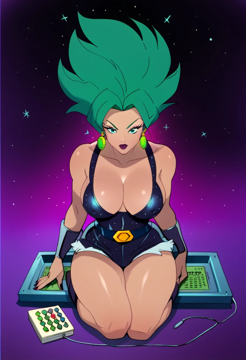 punctuation_9, punctuation_8_High above, punctuation_7_High above, punctuation_6_High above, A woman with green hair and big breasts, inspired by the girl from Knights of the Zodiac, is sitting cross-legged on top of a meteor. She wears a pair of shorts and a small shirt.. She is the Queen of the Galaxy, a cosmic girl and Saiyan, On a galaxy-looking background. She is also the Intergalactic Princess, Android Heroine and Cyborg Goddess in the Cosmos.