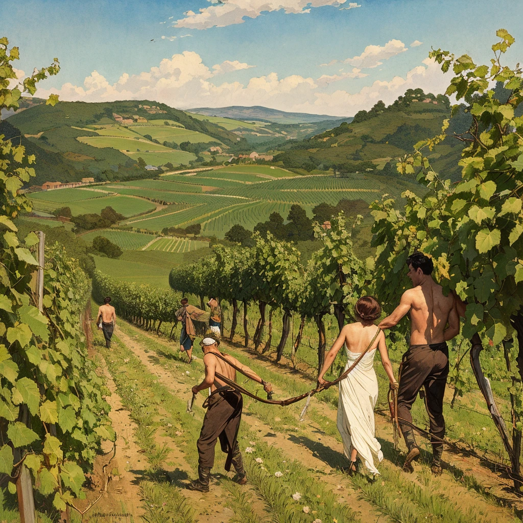 full body view, ewo naked shaved rural woman and a man work in Vineyard on hill, Andrew Loomis style, Masterpiece work of art, highly detailed linework reminiscent of Carne Griffiths, imbued with Wadim Kashim's bold color and texture, light and airy as Carl Larsson's compositions, featuring Pascal Blanche-style hyper-realistic characte