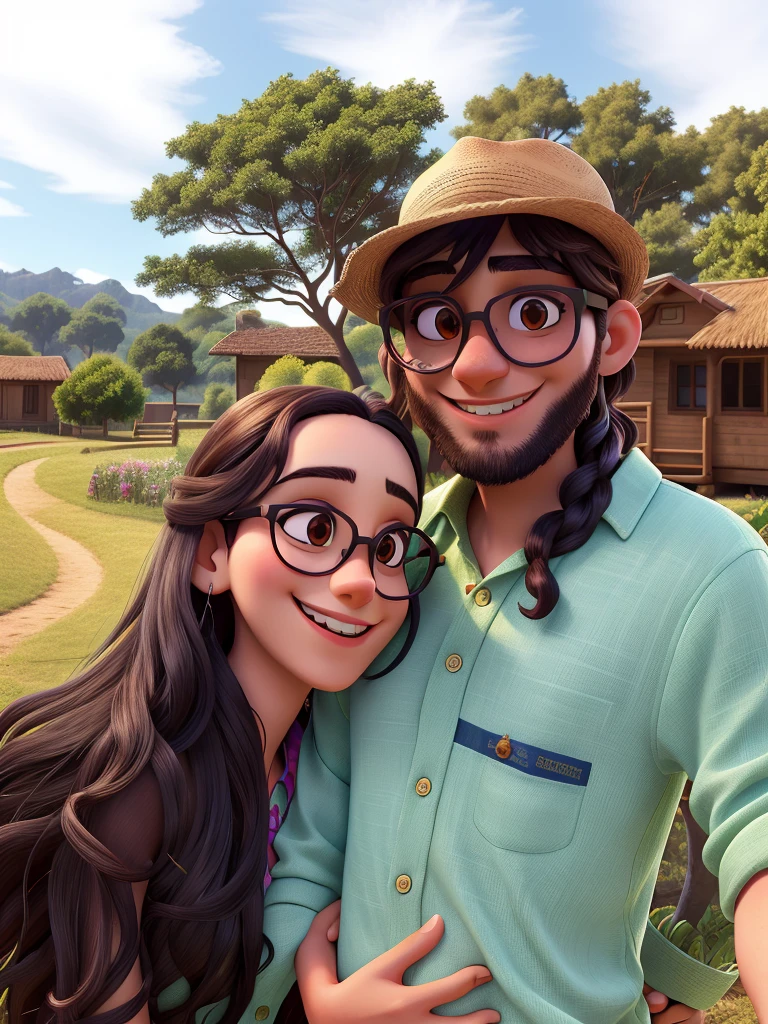 Uma mulher branca with a beautiful smile, long black hair, one hand in front of your partner. The companion is a tall brunette, in sunglasses, with a beautiful smile. The background is with outdoor trees.