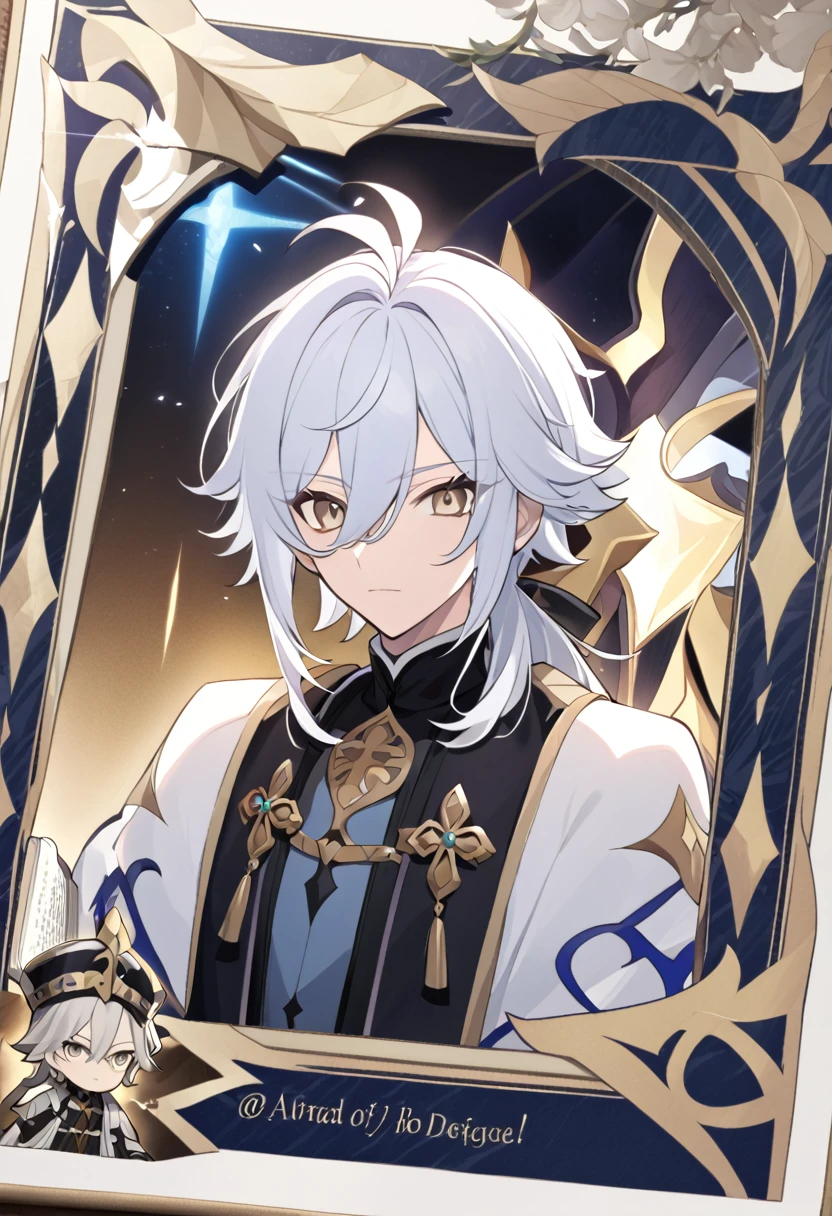 アニメ, a man aged 37, com white  hair e longos com uma fraja no dado direito e um livro nas mãos, brunette skin, gold eyes, cute androgynous prince, delicate androgynous prince, white  hair deity, handsome guy in demon slayer art, genshin, photo of a male cleric, white  hair, portrait of thancred, arte detalhada de personagem de アニメ