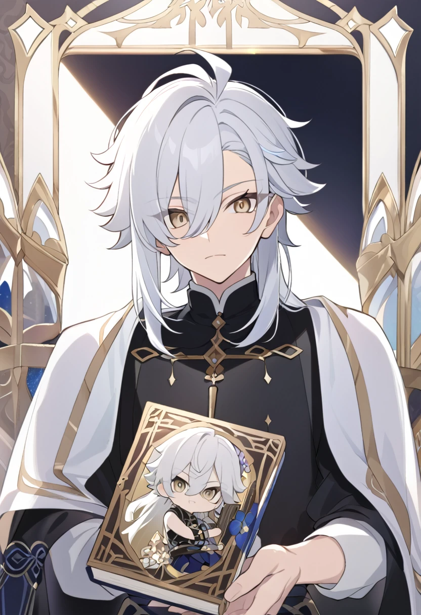 アニメ, a man aged 37, com white  hair e longos com uma fraja no dado direito e um livro nas mãos, brunette skin, gold eyes, cute androgynous prince, delicate androgynous prince, white  hair deity, handsome guy in demon slayer art, genshin, photo of a male cleric, white  hair, portrait of thancred, arte detalhada de personagem de アニメ