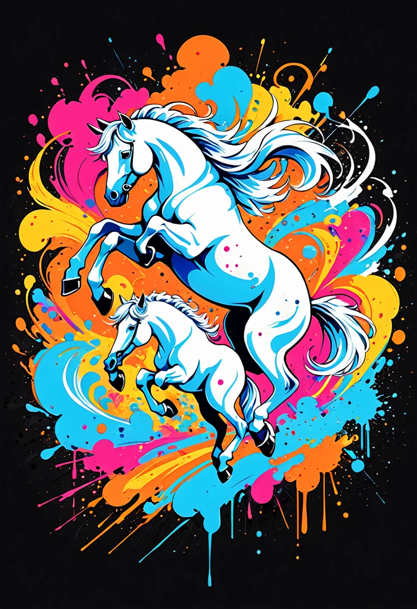 A t-shirt Colorful illustration with two white horses jumping in the center, swirly vibrant colors,graffiti art,ink spatter,UHD quality, details in 16k, Wild and unbridled,ink wink painting,rich and colorful,visual impact,modern aesthetic,Elegant and simple, black backdrop