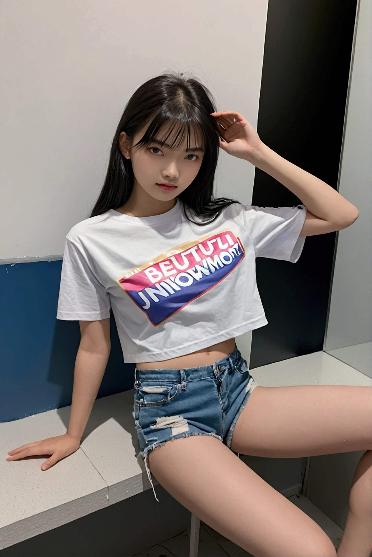  girl, beautiful, straight shoulder length black hair, only wearing pink underwear, beautiful body, smooth white skin, blue eyes, Asian girl, sitting at the window of her room