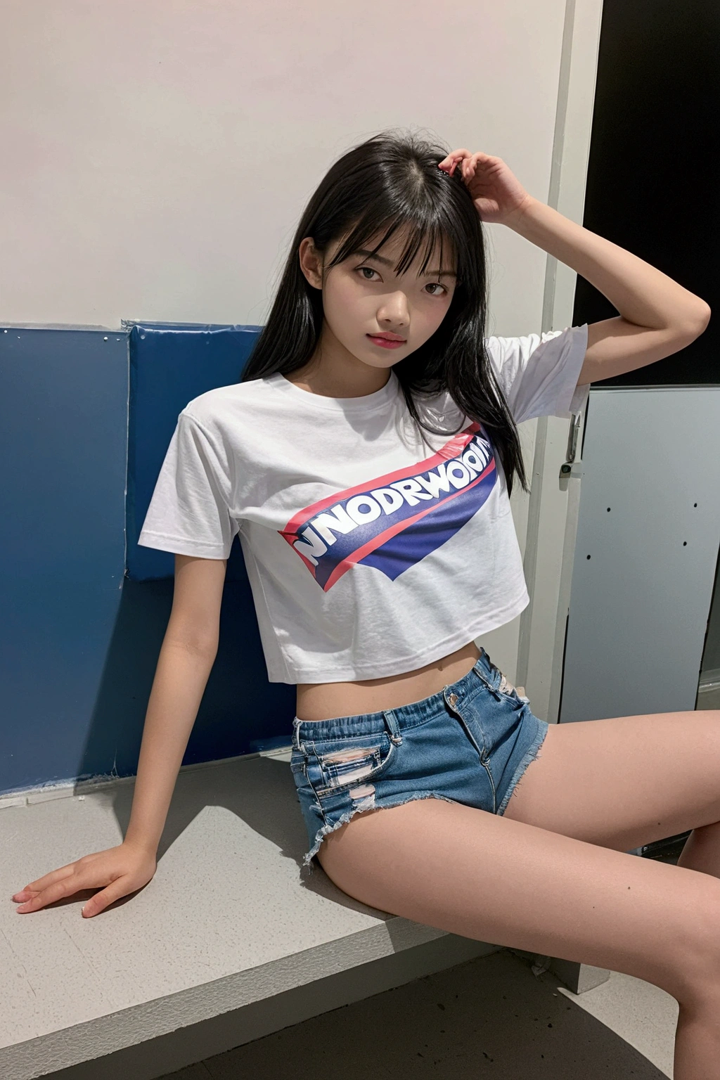 15 year old girl, beautiful, straight shoulder length black hair, only wearing pink underwear, beautiful body, smooth white skin, blue eyes, Asian girl, sitting at the window of her room
