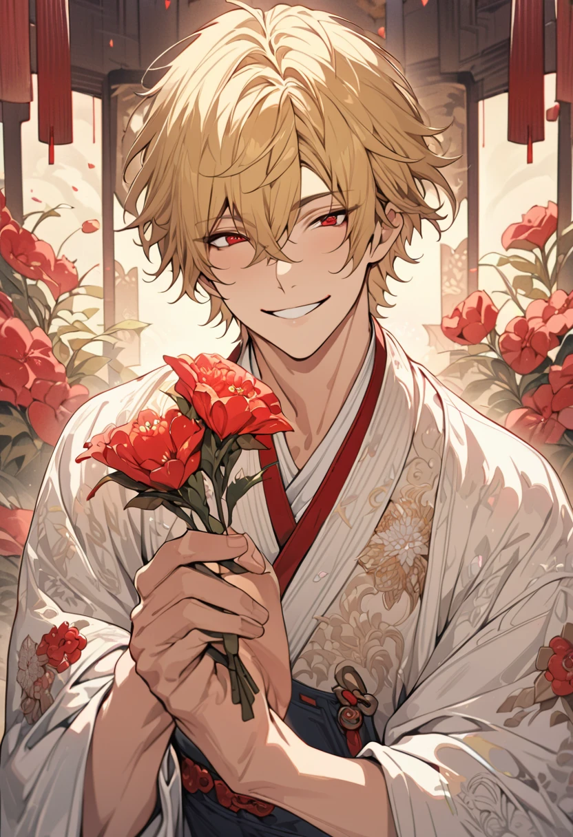 (masterpiece, Very detailed, Exquisite, beautiful, Full HD, High resolution, Absurd)alone, male, A detailed anime-style illustration of a beautiful male character. He has golden hair and sharp red eyes, and he is wearing a white kimono with floral patterns. He is holding a red flower in his hand and smiling. The background is simple with floral designs. The overall mood should be calm and enchanting, with soft lighting to emphasize the delicate features of the character.