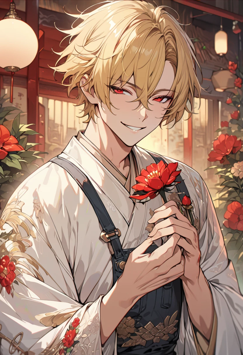 (masterpiece, Very detailed, Exquisite, beautiful, Full HD, High resolution, Absurd)alone, male, A detailed anime-style illustration of a beautiful male character. He has golden hair and sharp red eyes, and he is wearing a white kimono with floral patterns. He is holding a red flower in his hand and smiling. The background is simple with floral designs. The overall mood should be calm and enchanting, with soft lighting to emphasize the delicate features of the character.