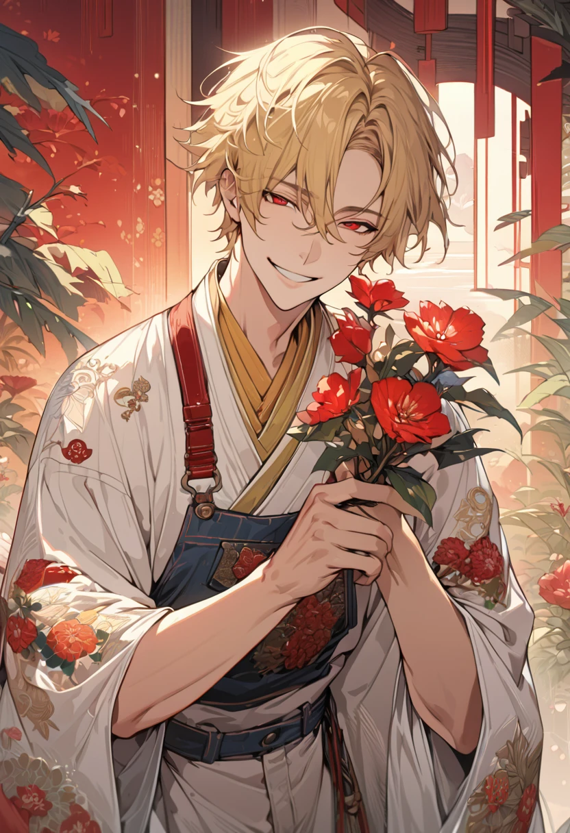 (masterpiece, Very detailed, Exquisite, beautiful, Full HD, High resolution, Absurd)alone, male, A detailed anime-style illustration of a beautiful male character. He has golden hair and sharp red eyes, and he is wearing a white kimono with floral patterns. He is holding a red flower in his hand and smiling. The background is simple with floral designs. The overall mood should be calm and enchanting, with soft lighting to emphasize the delicate features of the character.