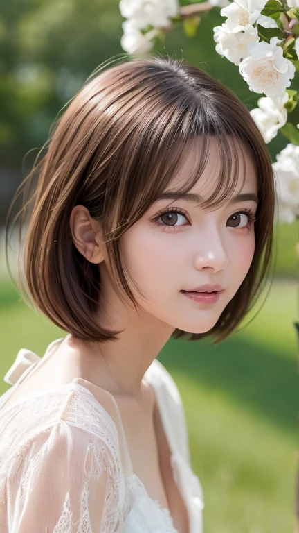 One Girl、（beautiful girl、Delicate girl：1.3）、（21 years old：1.3）、break、（Spring Clothes：1.3）、break、Very beautiful eyes、（Symmetrical eyes：1.3）、break、（Countless flowers、 a colorful flower field:1.3)、Perfectly shaped and anthropomorphic fingers、break、Small breasts、Brown eyes、(((bob cut)))、Parted bangs、Brown Hair、break、(Eye and facial details:1.0)、break、(masterpiece、Highest quality、Very detailed) 、Detailed face、8K）、Cowboy Shot、topless、smile:1.4、see-through