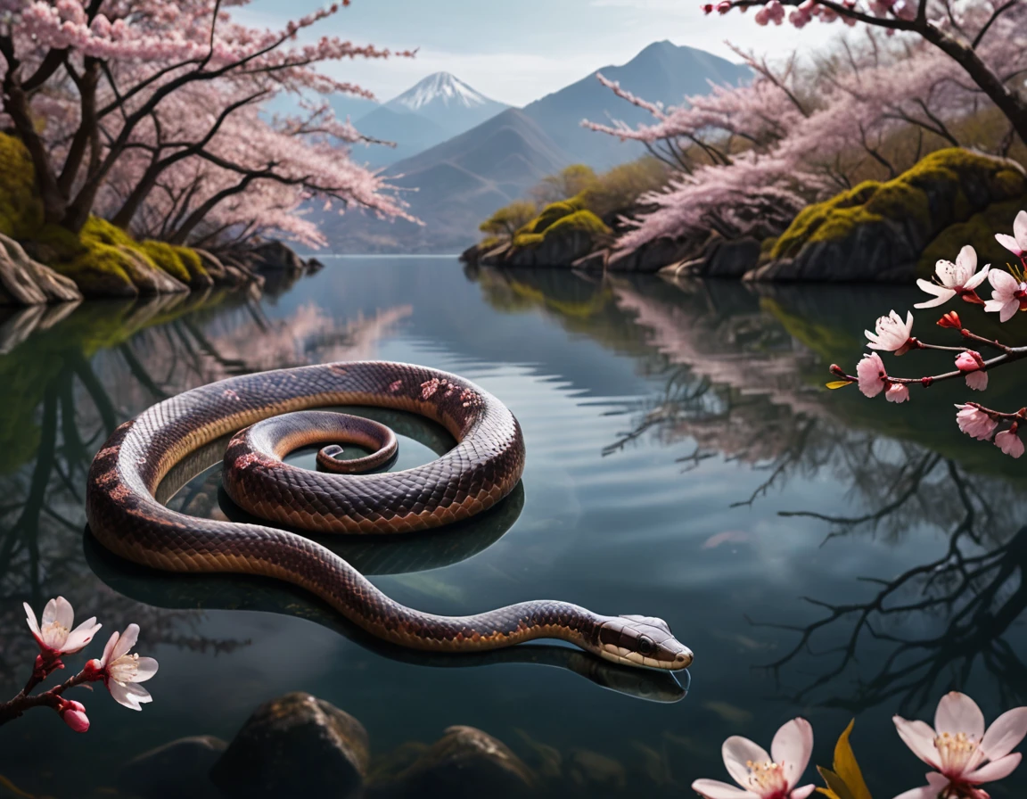 full body portrait of a realistic faint banded sea snake, cobra hybrid reptile, mysterious lake scenery, cherry blossoms, Asia, full body, cinematic, render, 8k, unreal engine, realistic, masterpiece, high detail, full body, low life, volumetric lighting