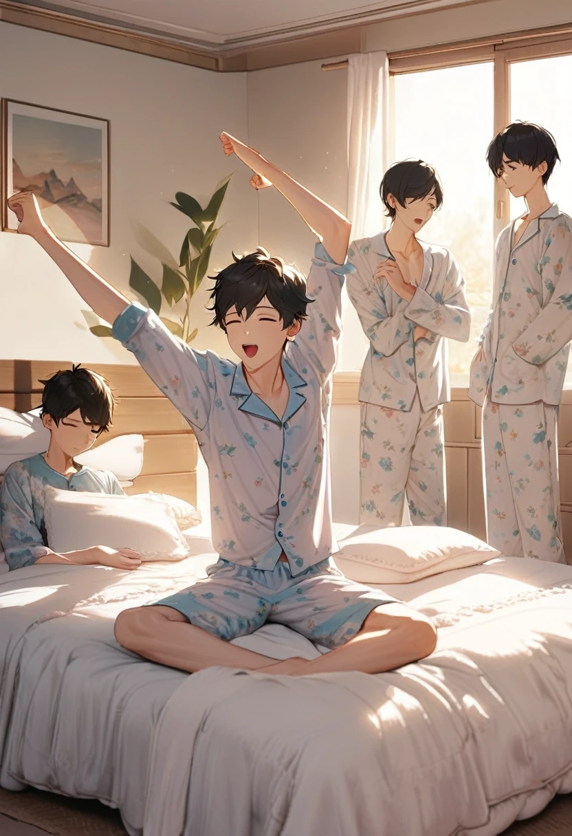 Three boys only, teenagers, sleepover, sleepy, yawn, left perspective, Wearing pyjamas, stretching, (Bedroom), (morning), spring, masterpiece, 8K, White warm lighting, The perfect outfit, Perfect Anatomy, Perfect Eyes, Perfect Face, Sharp resolution, no smiles