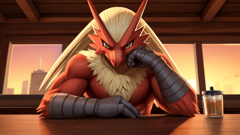 Blaziken, perspective from front. Solo. Hands on chin, sitting at a table 