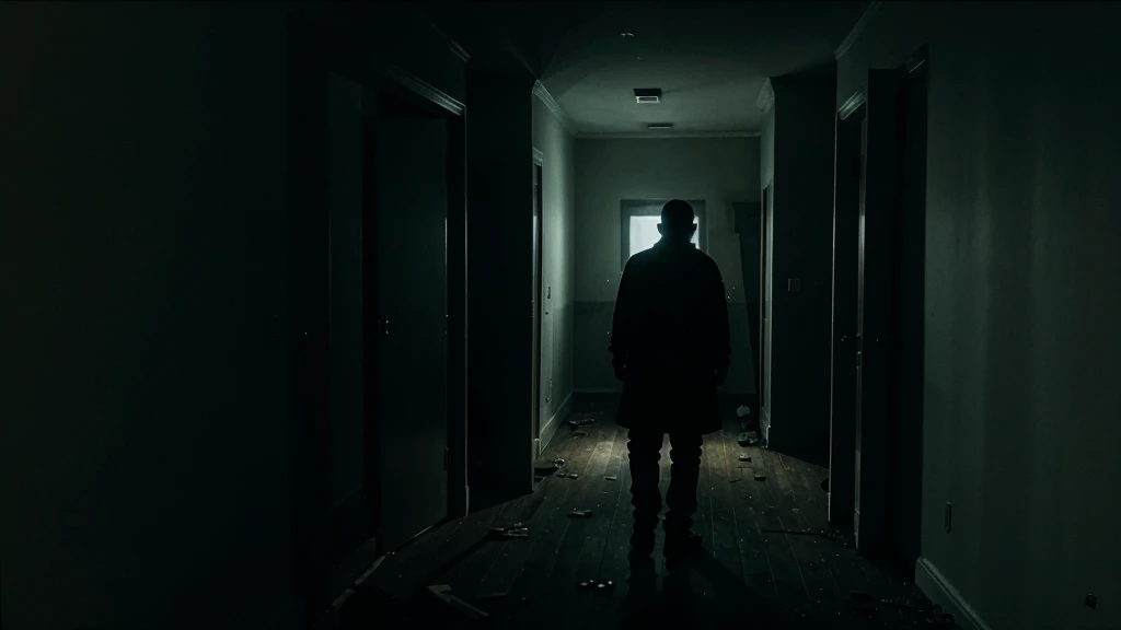 ghost standing directly in a scary man back in darkness abandon room.