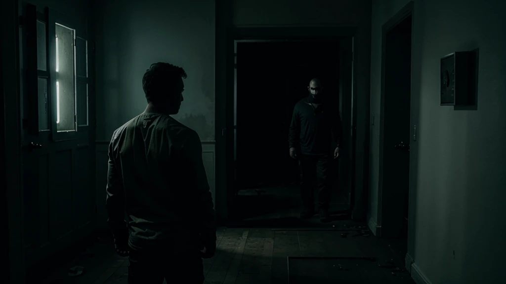 ghost standing directly in a scary man back in darkness abandon room.