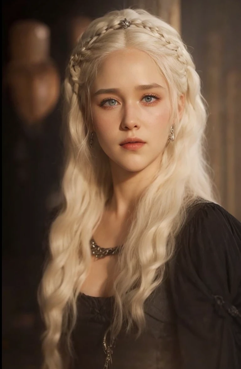 Game of Thrones Screenshot of, Targaryen woman with white hair, violet eyes, white skin, wearing red clothes