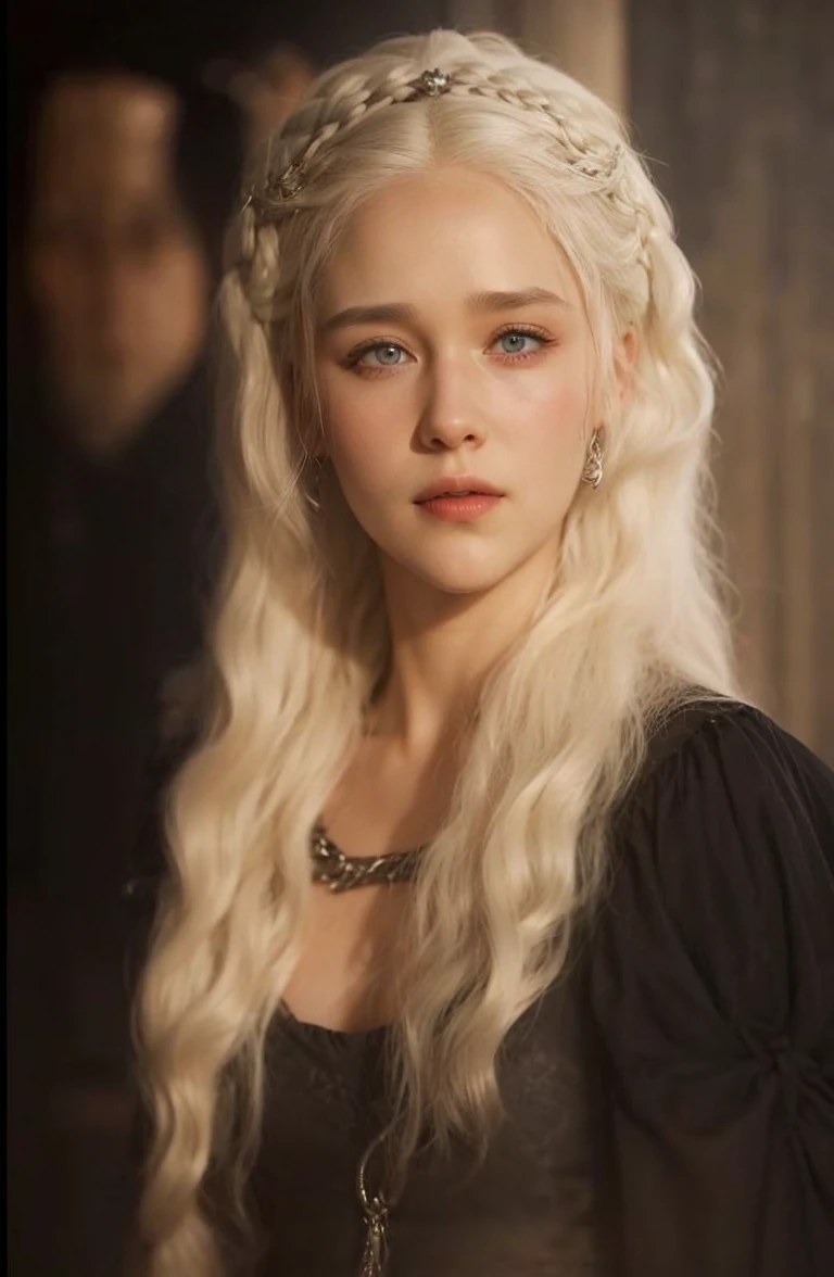 Game of Thrones Screenshot of, Targaryen woman with white hair, violet eyes, white skin, wearing red clothes