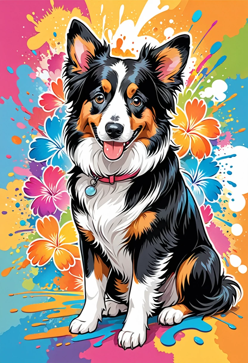 A t-shirt with vector art, Colorful illustration with many cute border collies, At the center, swirly vibrant colors, paint splashes and smears, high détail,Hawaiian style background
