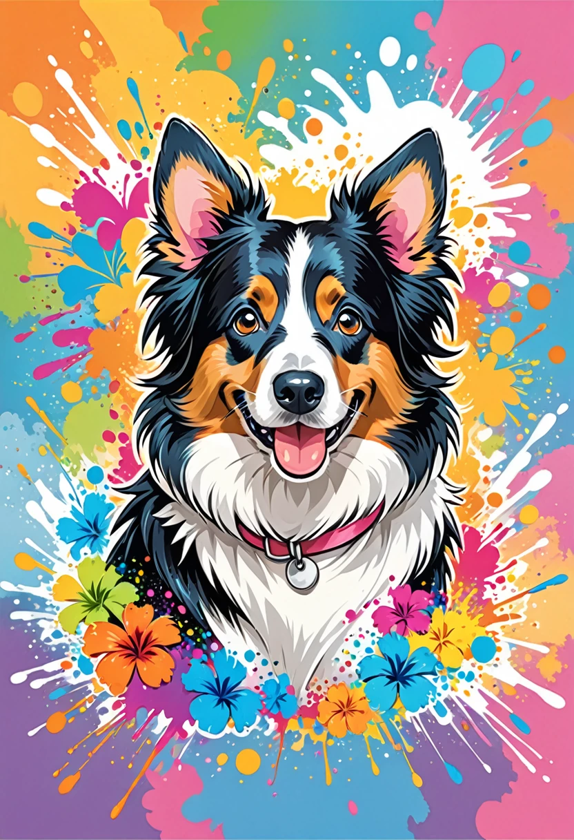 A t-shirt with vector art, Colorful illustration with many cute border collies, At the center, swirly vibrant colors, paint splashes and smears, high détail,Hawaiian style background
