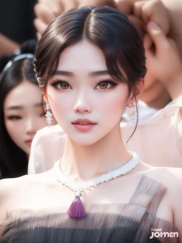 a close up of a woman wearing a necklace and a dress, kim doyoung, sun yunjoo, lee ji - eun, lee ji-eun, popular south korean makeup, gongbi, park ji-min, jinyoung shin, jisoo of blackpink, blackpink jennie, heonhwa choe, beautiful south korean woman, sha xi, hwang se - on, Karina aespa 