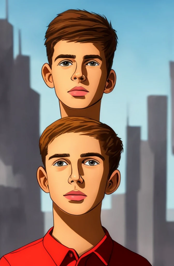 Portrait of a 15-year-old man with brown hair, almond eyes and is located in a futuristic city
