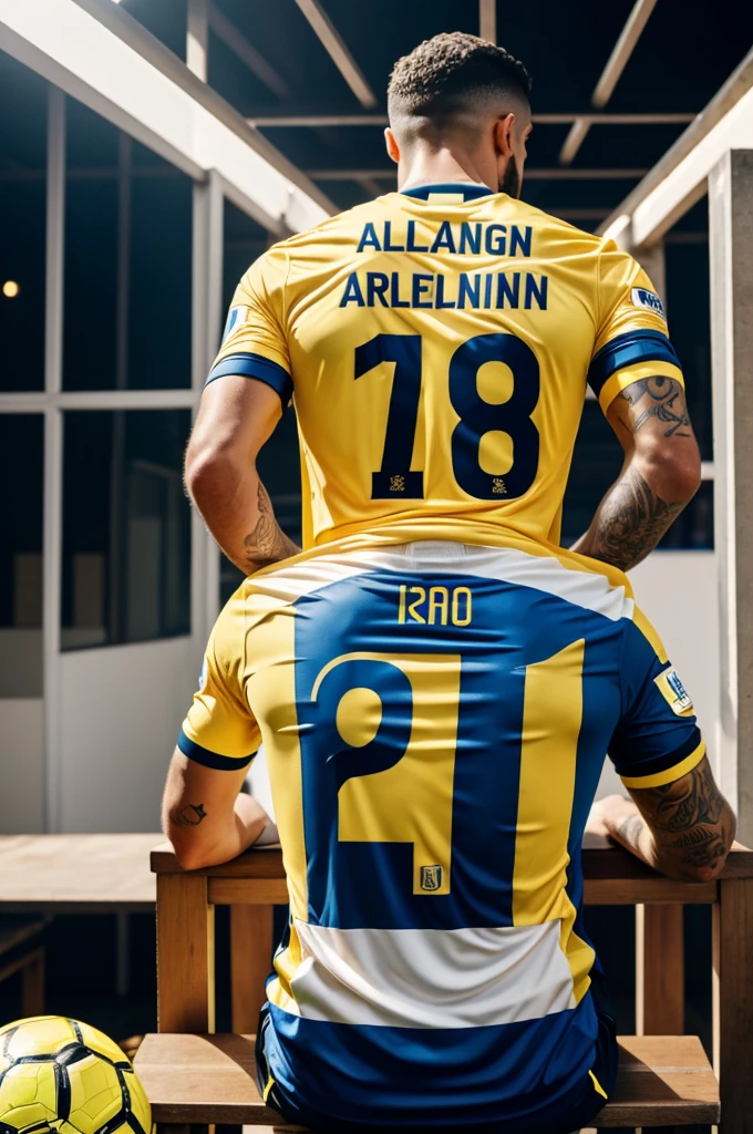 From Leon with the current yellow original Argentine national team shirt from 2024 on his back watching the game sitting down celebrating the goal