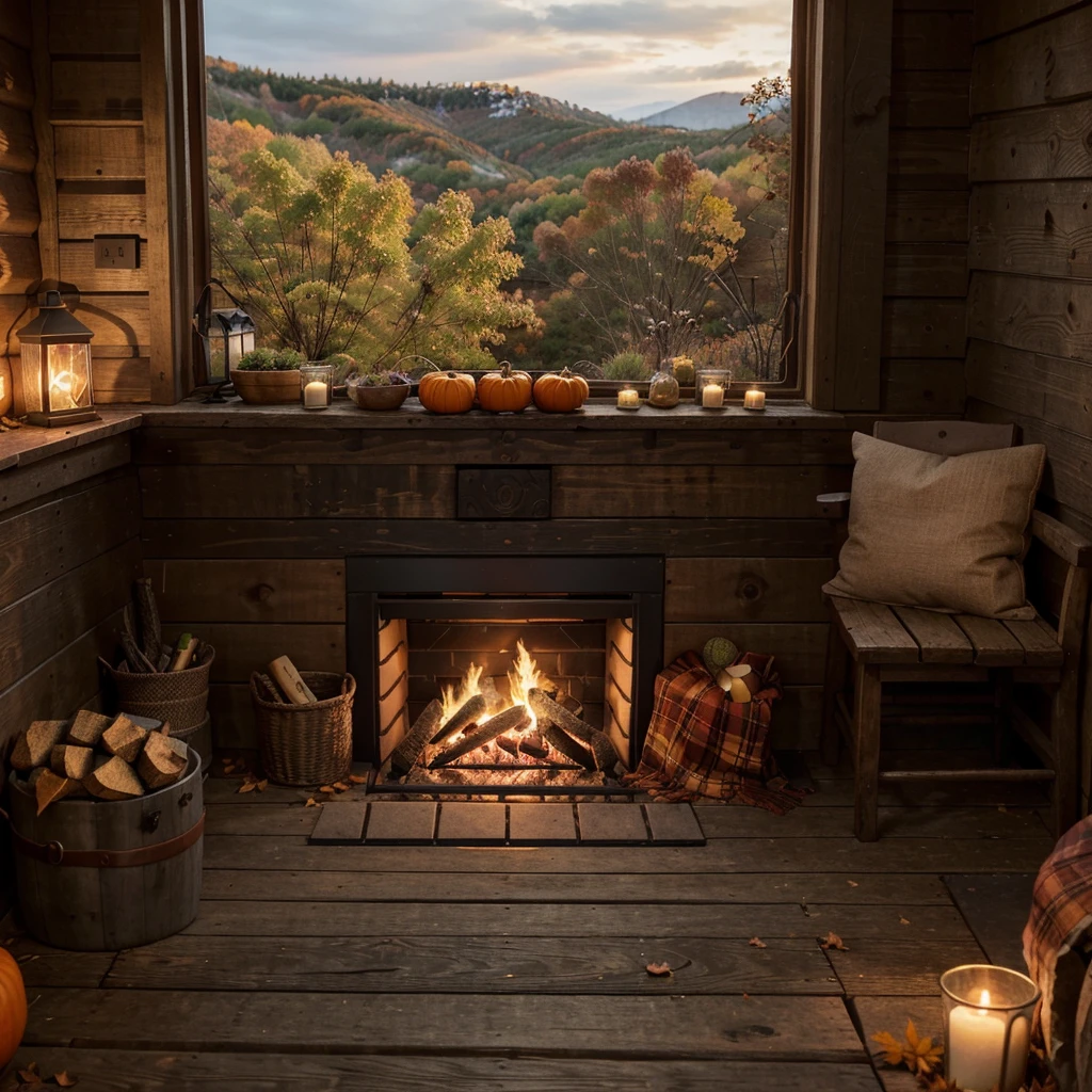 "Create a high-resolution, professional-quality illustration of a cozy autumn scene. The image should depict a quaint, rustic cabin nestled in a forest surrounded by vibrant fall foliage. Include a variety of trees with leaves in rich shades of red, orange, yellow, and brown. The cabin should have smoke gently rising from the chimney, indicating a warm fire inside. In the foreground, show a wooden bench covered with a plaid blanket and a thermos of hot tea or coffee, creating a welcoming atmosphere. Add subtle details like a pumpkin on the porch, fallen leaves scattered on the ground, and a stack of firewood nearby. The sky should be a soft, overcast gray, emphasizing the cozy and serene ambiance of the scene. The overall mood should evoke warmth, comfort, and the beauty of autumn, making it ideal for themes related to seasonal changes, home decor, and outdoor living on stock photography platforms."