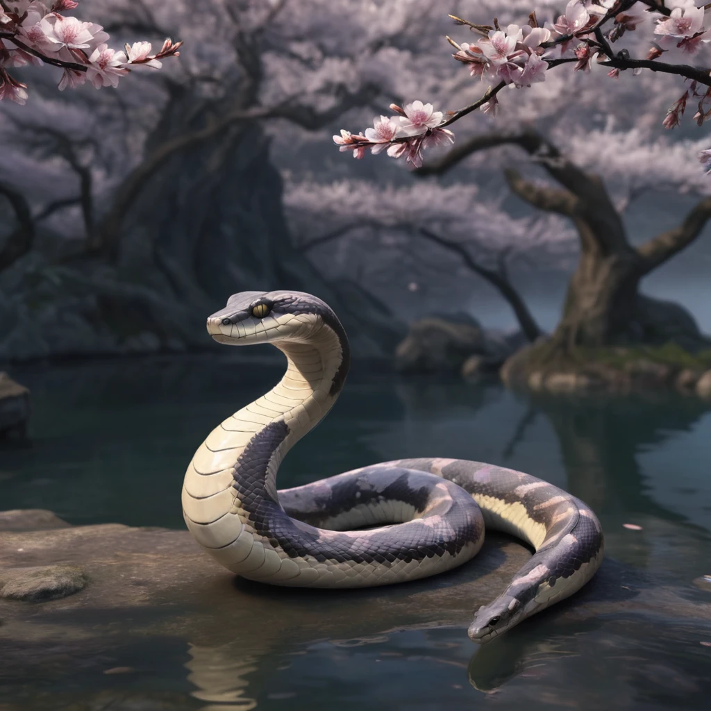full body portrait of a realistic faint banded sea snake, cobra hybrid reptile, large, mysterious lake scenery, cherry blossoms, Asia, full body, cinematic, render, 8k, unreal engine, realistic, masterpiece, high detail, full body, low life, volumetric lighting