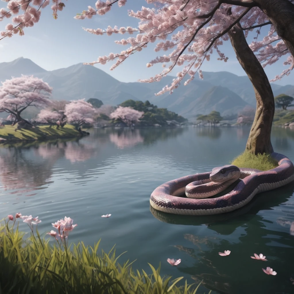 full body portrait of a realistic faint banded sea snake, cobra hybrid reptile, large, mysterious lake scenery, cherry blossoms, Asia, full body, cinematic, render, 8k, unreal engine, realistic, masterpiece, high detail, full body, low life, volumetric lighting