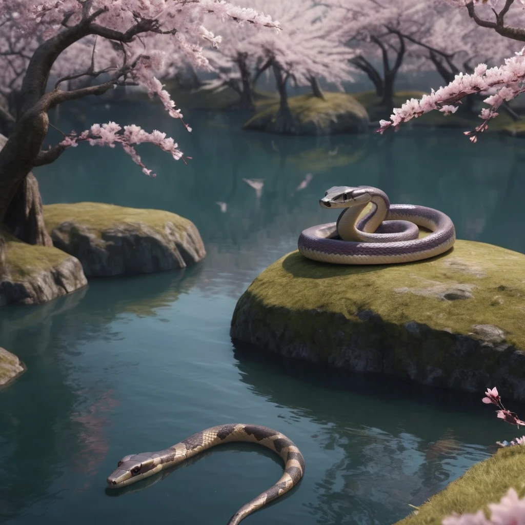 full body portrait of a realistic faint banded sea snake, cobra hybrid reptile, large, mysterious lake scenery, cherry blossoms, Asia, full body, cinematic, render, 8k, unreal engine, realistic, masterpiece, high detail, full body, low life, volumetric lighting