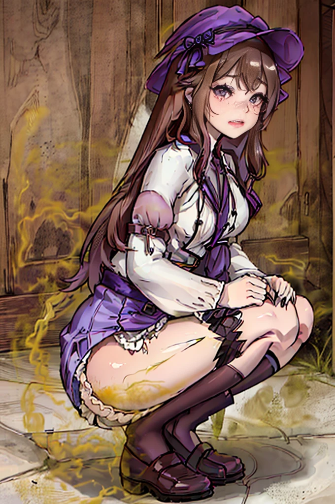 Witch Hat (Brown Hair) Long Hair (((Small breasts))) (Purple Eyes) ((())) (Slanted Eyes) (((low length))) ,(Turn around) (((solo))), Embarrassed, blush, uniform、 (((A girl farts)))Standing with legs together、((Squat))
、(Holding on)((Her butt is facing me)) (((Loli face)))(((Yellow gas leaking from the anus)))(((high quality)))