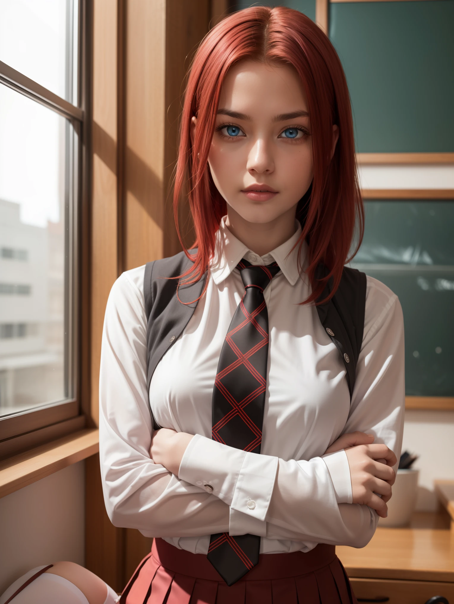 kallen stadtfeld, blue eyes, ((red hair:1.5)), short hair,
BREAK ((school uniform, red necktie, white shirt, pleated skirt, black skirt, white thighhighs, brown vest, long sleeves:1.5))
BREAK crossed arms,angry, pov,
BREAK (masterpiece:1.2), best quality, high resolution, unity 8k wallpaper, (illustration:0.8), (beautiful detailed eyes:1.6), extremely detailed face, perfect lighting, extremely detailed CG, (perfect hands, perfect anatomy),