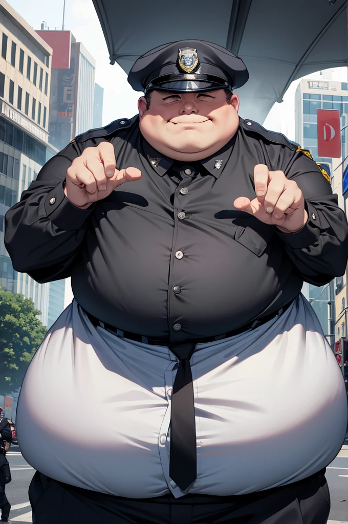 evil fat man police, with open hands wanting to catch something, evil character, enemy