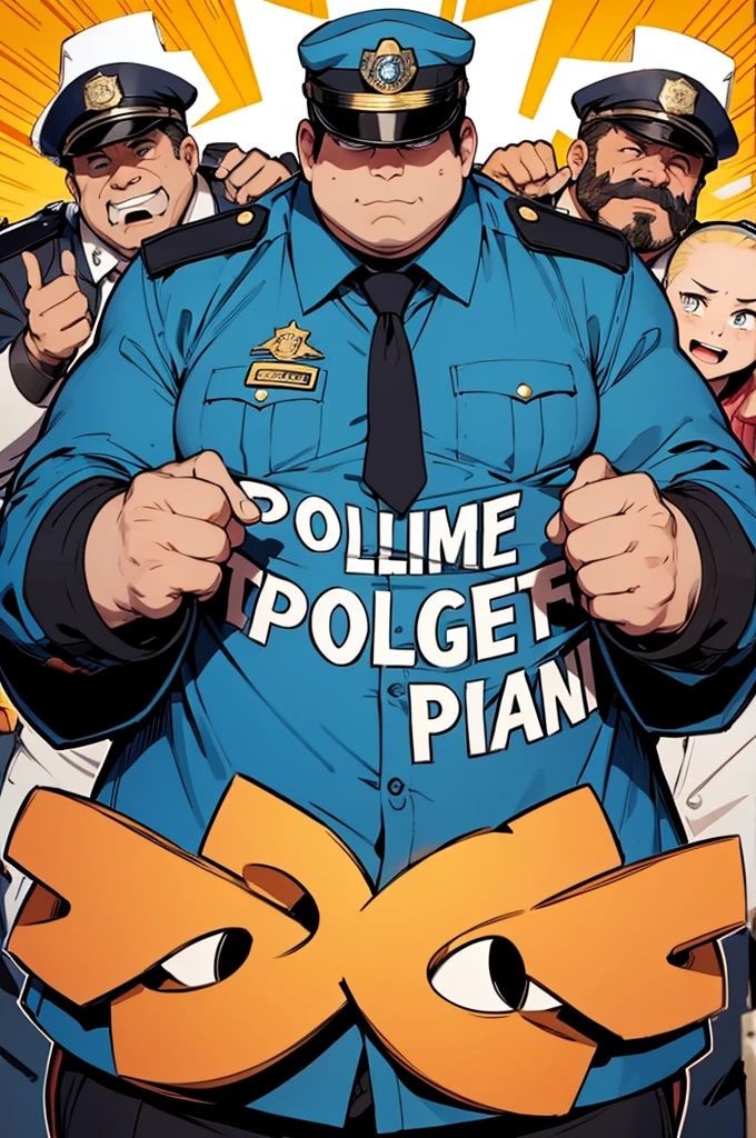 evil fat man police, with open hands wanting to catch something, evil character, enemy