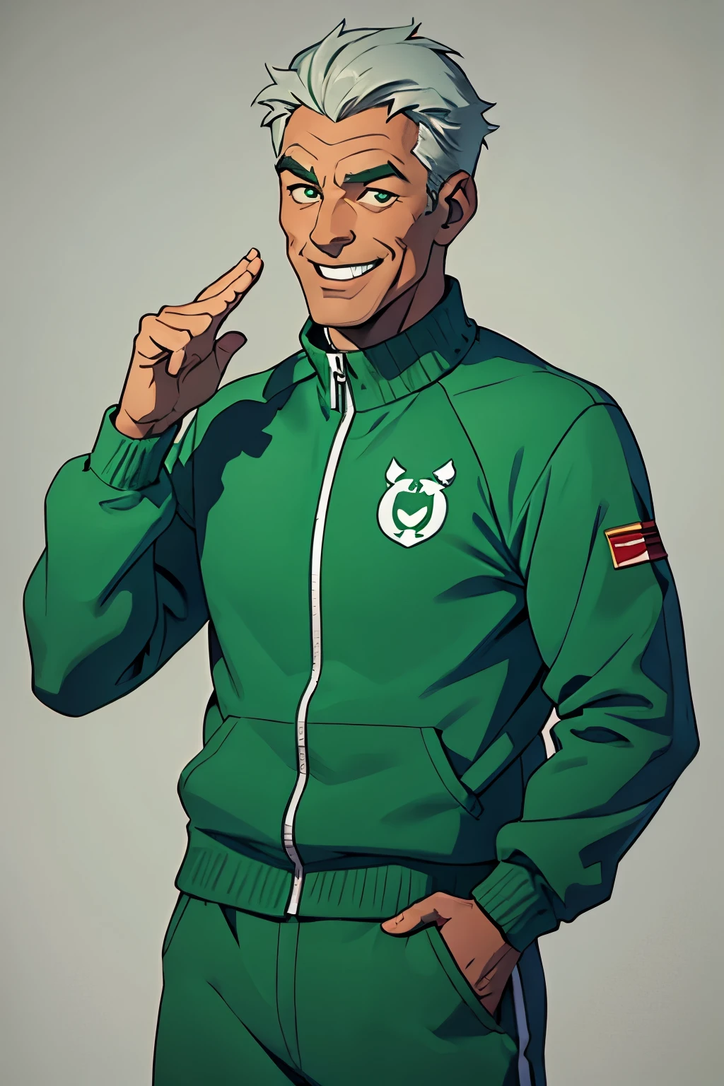 cartoon, western facial features, chad, older man happy, floppy grey hair, chiseled facial features, big smile, white teeth, big laugh, green track suit. One character only, isolated.