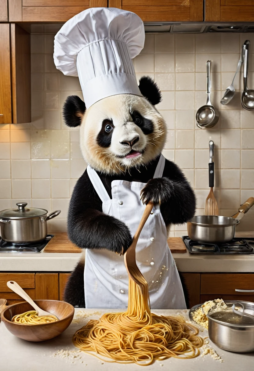 A panda dressed as a chef, complete with a chef's hat and apron, standing in a kitchen. The panda is stirring a pot of spaghetti with a wooden spoon, and the kitchen is in a humorous state of chaos with flour and ingredients scattered everywhere