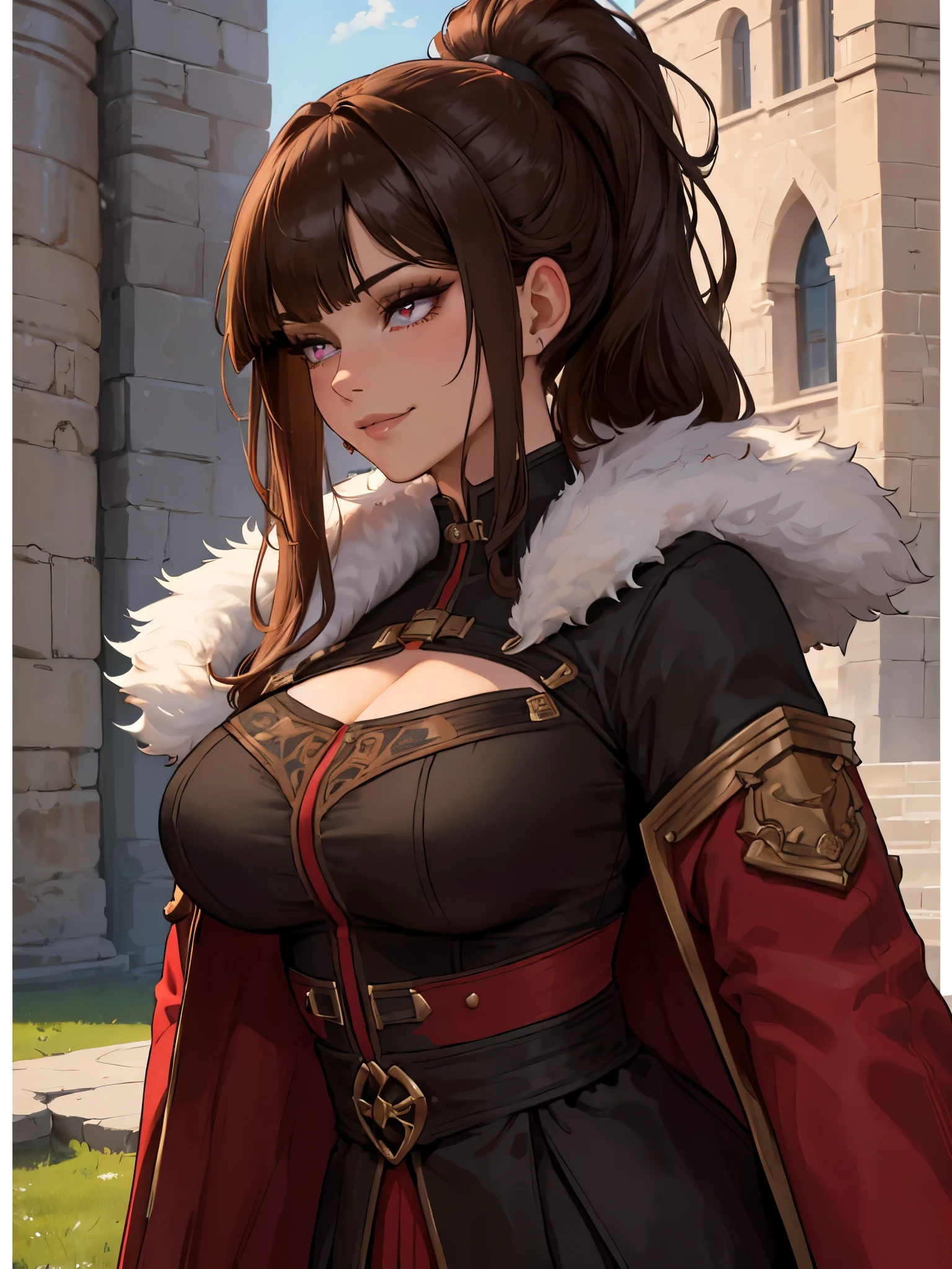 ((masterpiece)), ((best quality)), 1girl, adult, long hair, big bust, ((brown hair)), ((intimidant look)), ((close-up)), profile image, black and red clothes, sexy, dark colors, ((coat with fur)), ((wavy hair)), exposed skin, ((sexy pose)), good anatomy, ((dark sage clothes)), ((straight cut bangs)), emotionless, intimidant, ((beautiful eyes)), castle background, close up, ((detailed eyes)), ((detailed face)), hair bang, frontal look, relaxed, smile, queen, ponytail, violet eyes