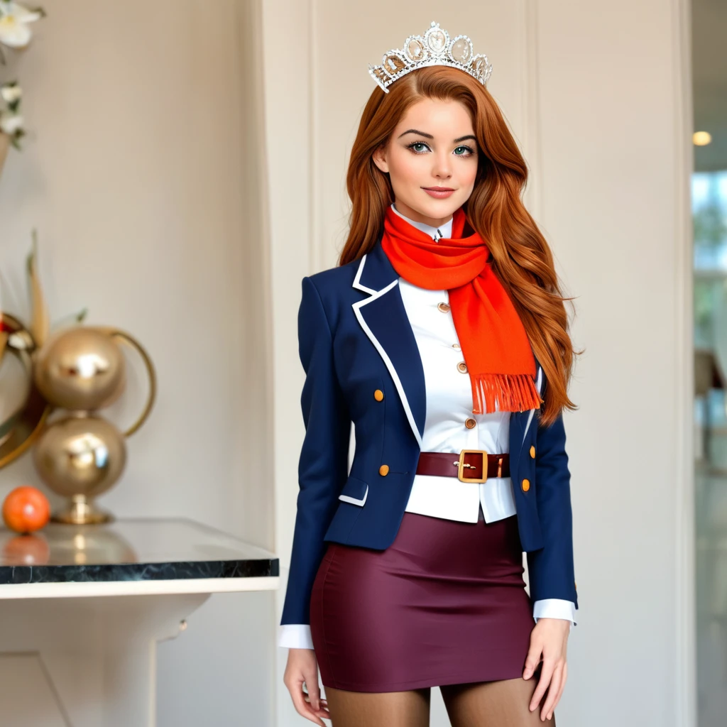 1 girl, work of art, best qualityer, high qualiy, olga_Mary, offwhite_body hair, orange_eyeballs, LONG body hair, cabelo entre os eyeballs, long sleeves, jaket, red scarf, don, overskirt, pantyhose, pretty long hair, cowboy shot, 