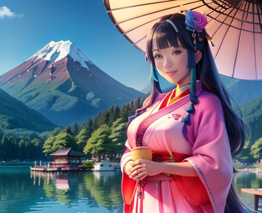 Highest quality、Lakeside in front of the mountain、Fuji Mountain、summer、Daytime、Beautiful blue sky、outside of home、Young girl、Smile on screen、Detailed beauty、picnic、Open the parasol、kimono、taisho roman 