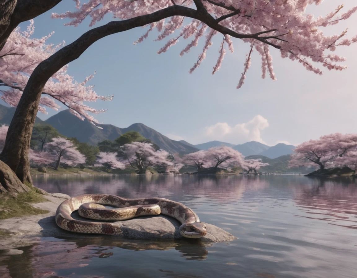 full body portrait of a realistic faint banded sea snake, cobra hybrid reptile, large, mysterious lake scenery, cherry blossoms, Asia, full body, cinematic, render, 8k, unreal engine, realistic, masterpiece, high detail, full body, low life, volumetric lighting