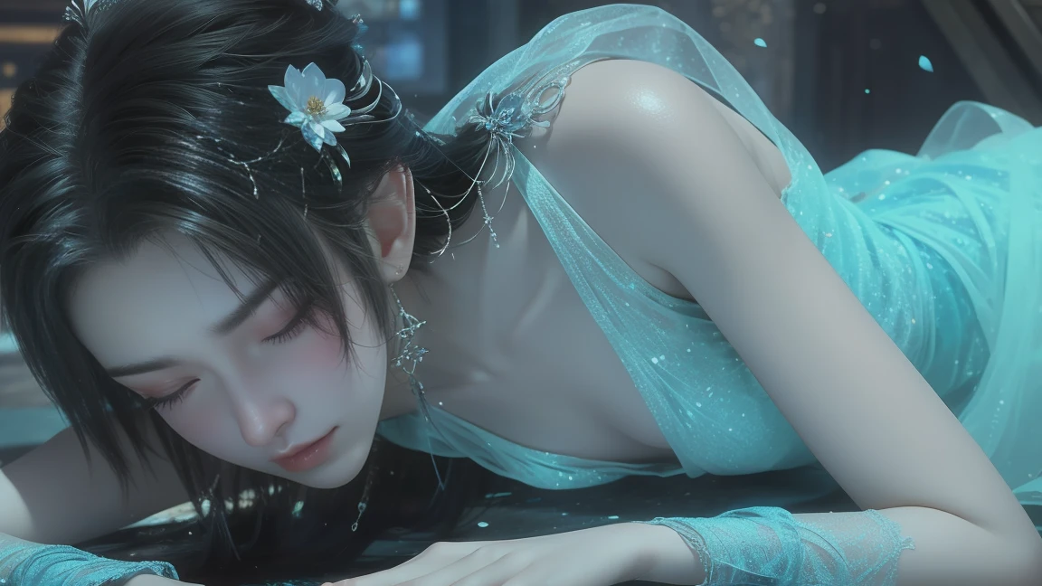 A beautiful woman with perfect curves wearing a long blue dress that gently flutters in the air,The beautiful woman was lie down in a sea of beautiful flowers surrounding her, Chinese traditional, her flexible body increasing with every movement, So enchanting, the dim candlelight, the glowing butterflies fighting the darkness of the night, the light of the moon, The night wind blowing the curtains, the blue flower petals , flower petals flying around the room, Chinese dancing, This woman is so beautiful that she attracts everyone who watches her, ancient China, imperial empress