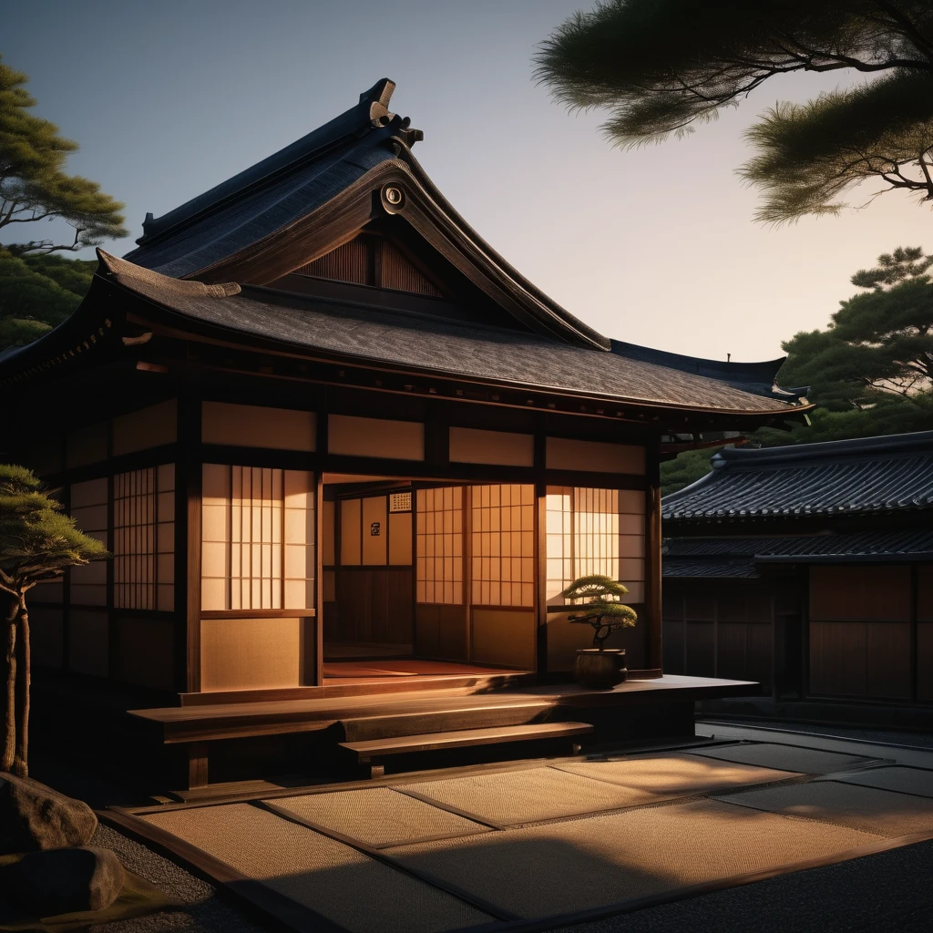  Realistic Nurarihyon, detailed texture, traditional Japanese house, dim lighting, 35mm lens, high definition, photorealistic, full-body shot, evening atmosphere, shadow details, realistic colors, ultra-detailed skin.