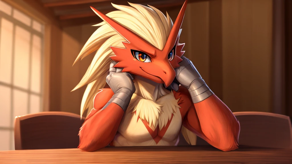 Blaziken, perspective from front. Solo. Hands on chin, sitting at a table, cute, warm smile