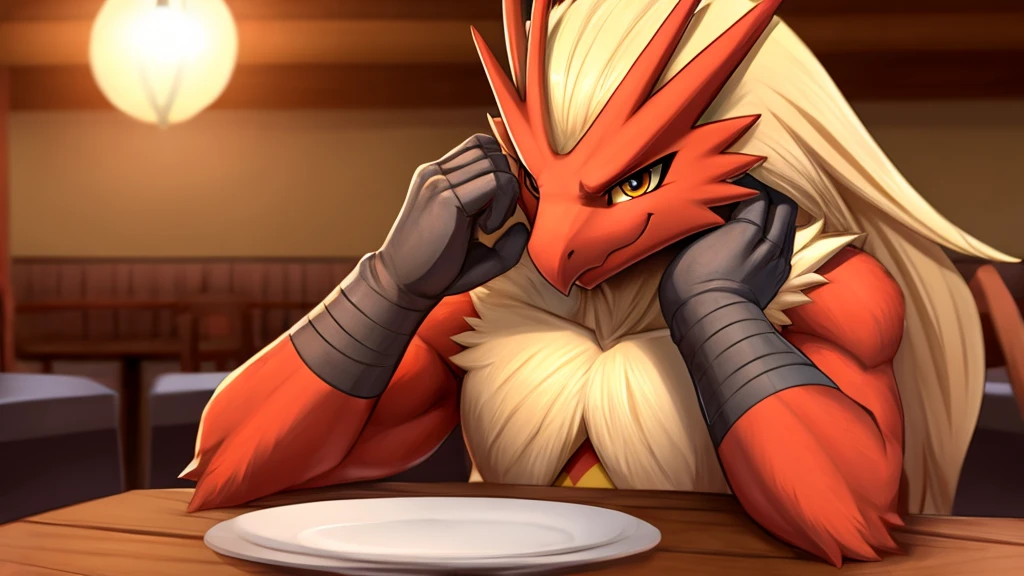 Blaziken, perspective from front. Solo. Hands on chin, sitting at a table, cute, warm smile